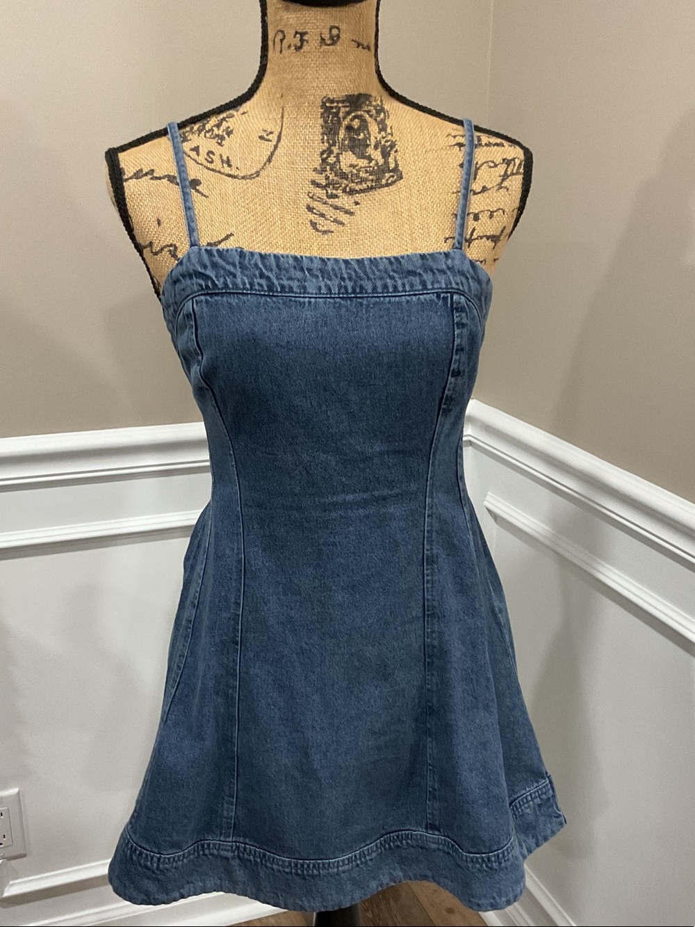 Sleeveless Blue Denim Mini Dress with Spaghetti Straps